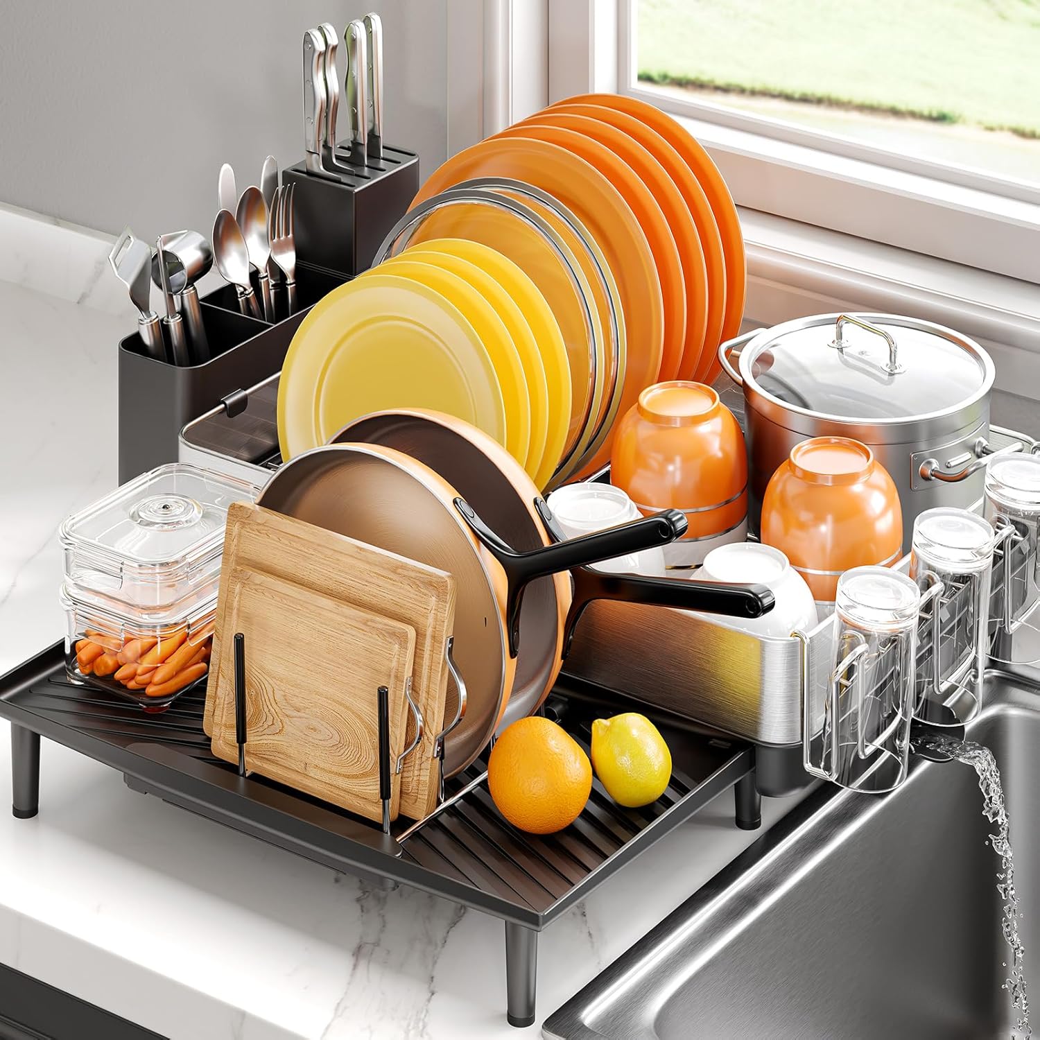 Expandable Dish Drying Rack for Kitchen Counter, 304 Stainless Steel Dish Rack, Multi-Function Dish