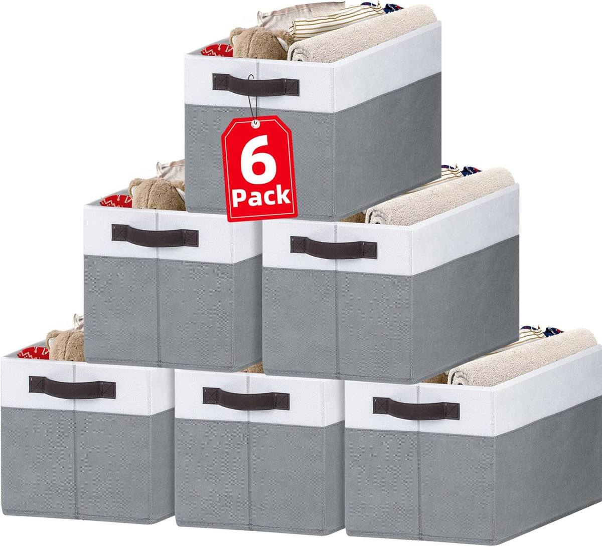 Criusia Closet Organizers and Storage Baskets - 6 Pack Shelf Organizer Bins with Handles - Clothes