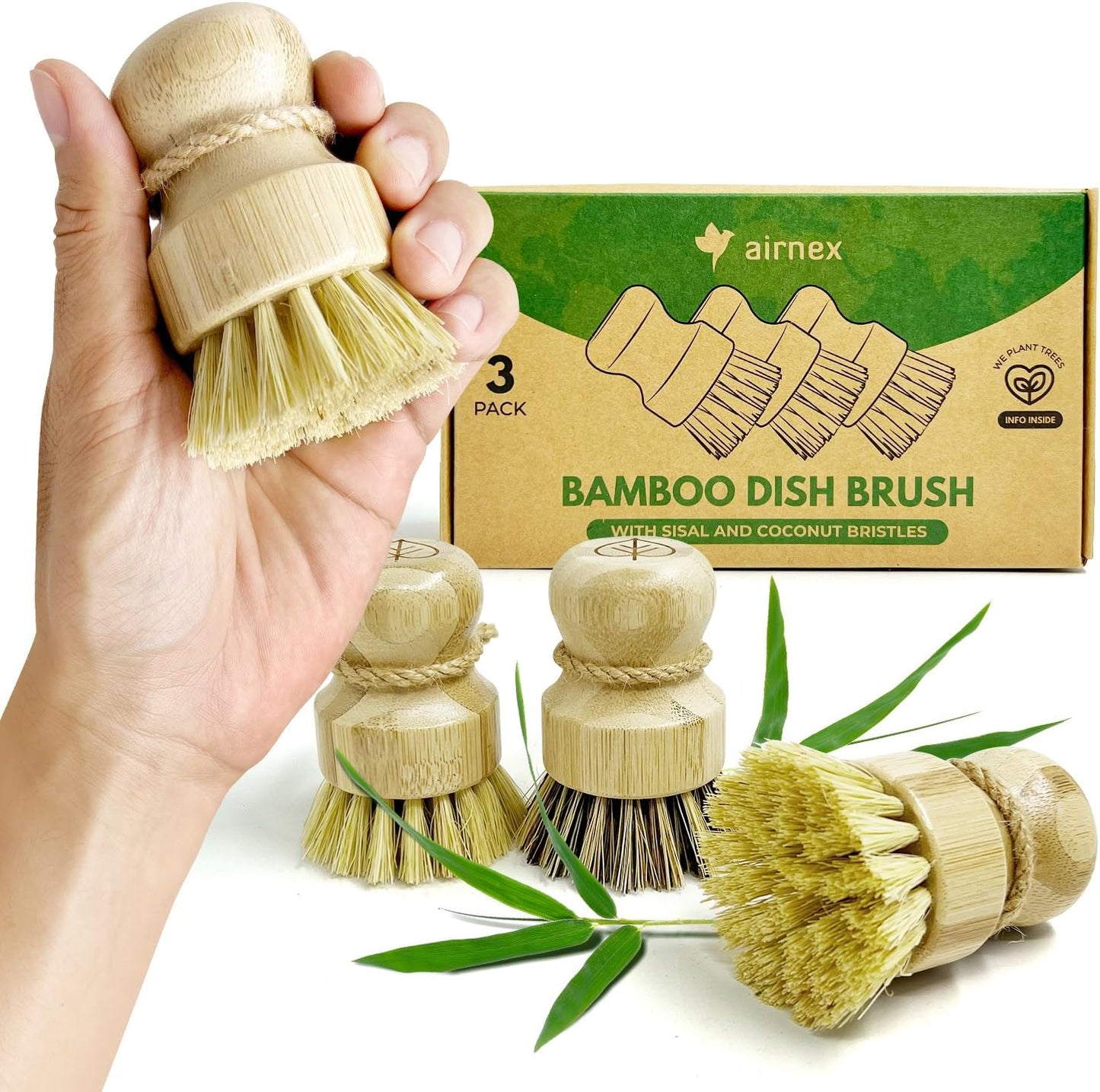 Bamboo Dish Brush Set of 3-100% Plastic Free Kitchen Scrubber with Medium Stiff Sisal and Strong