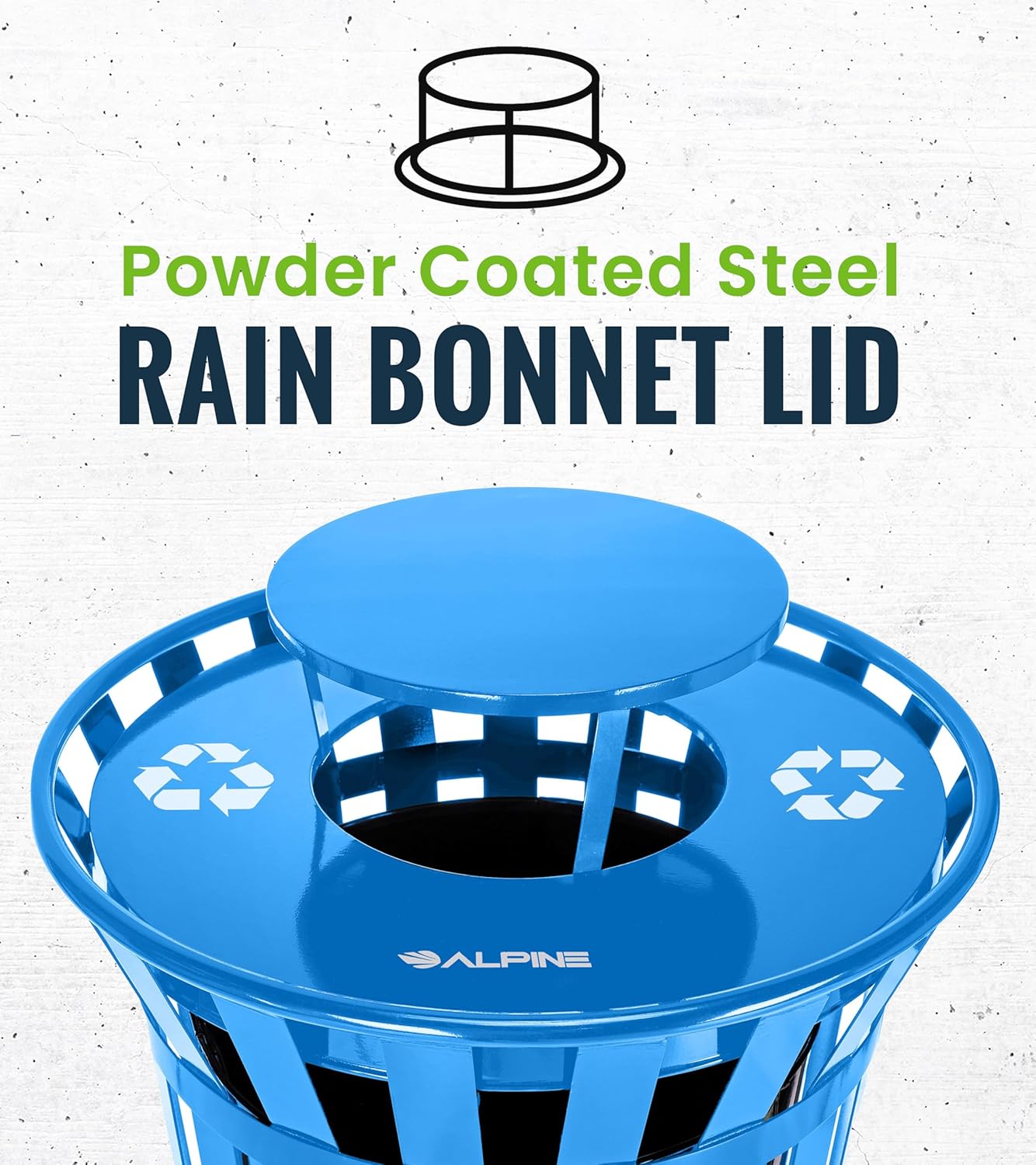 Alpine Outdoor Metal Waste Receptacle Rain Bonnet Lid - Heavy Duty Commercial Trash Can Receptacle