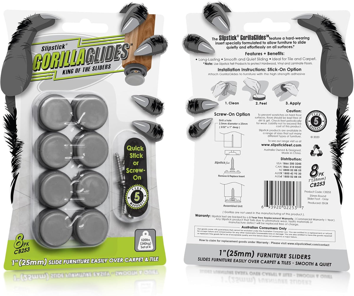 GorillaGlides CB253 1 Inch Chair Sliders/Furniture Glide Floor Protectors (Set of 8 Glides)