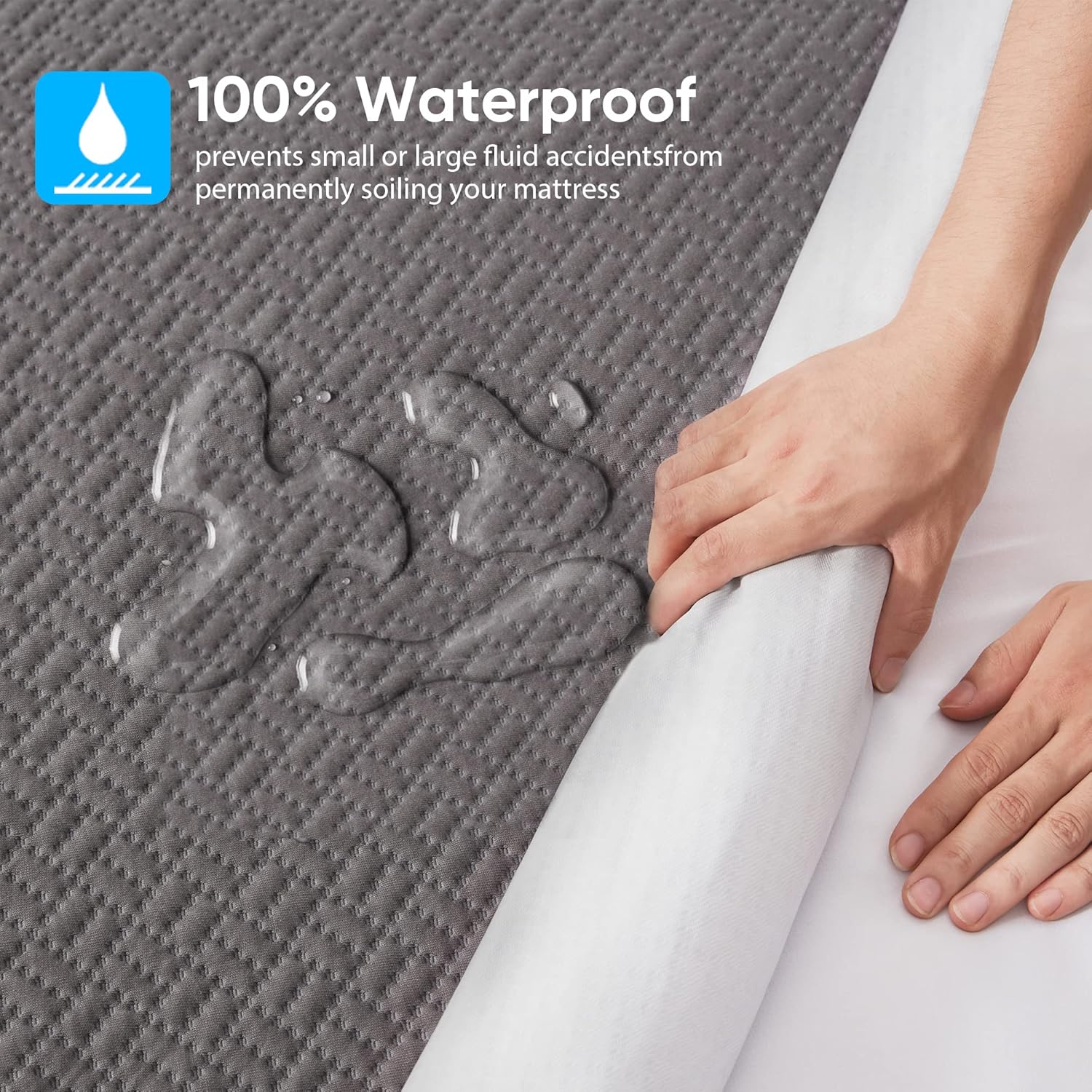 Hanherry 100% Waterproof Queen Size Mattress Protector, Grey, Rayon Made from Bamboo Terry Surface