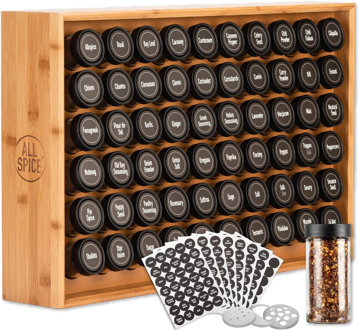 AllSpice Spice Rack Organizer, Wood, 525 Unique Labels, Countertop or Wall Mount, Includes 60 4oz