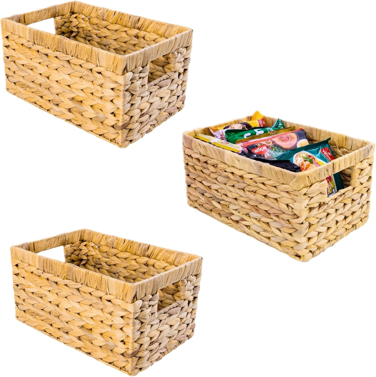 Set of 3 Water Hyacinth Storage Baskets – Wicker Baskets for Shelves, Decorative Woven Organizer