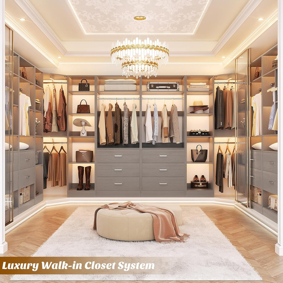 Corner Closet System with 6 Drawers, Closet Organizer System with 14 Shelves & 4 Hanging Rods