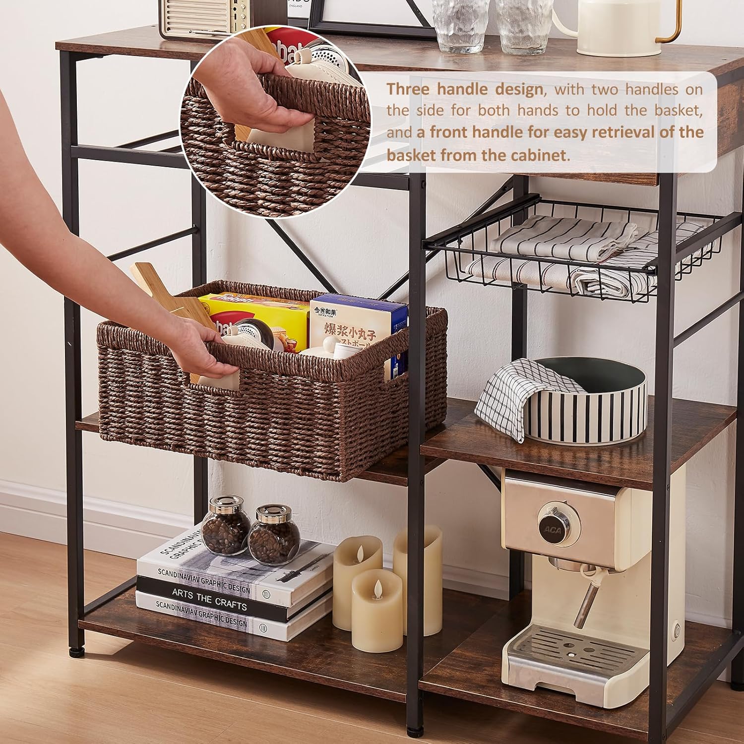OIAHOMY Wicker Basket, Paper Shelf Basket with Built-in Handles, Rectangular Wicker Storage Bin for