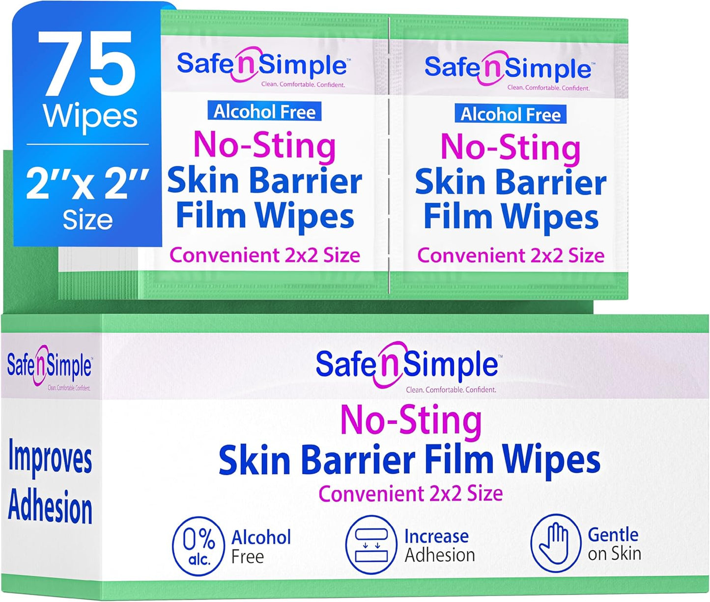 Safe n' Simple No Sting Skin Prep Wipes - 75 Individual 2" x 2" Ostomy Barrier Film Wipes - Skin