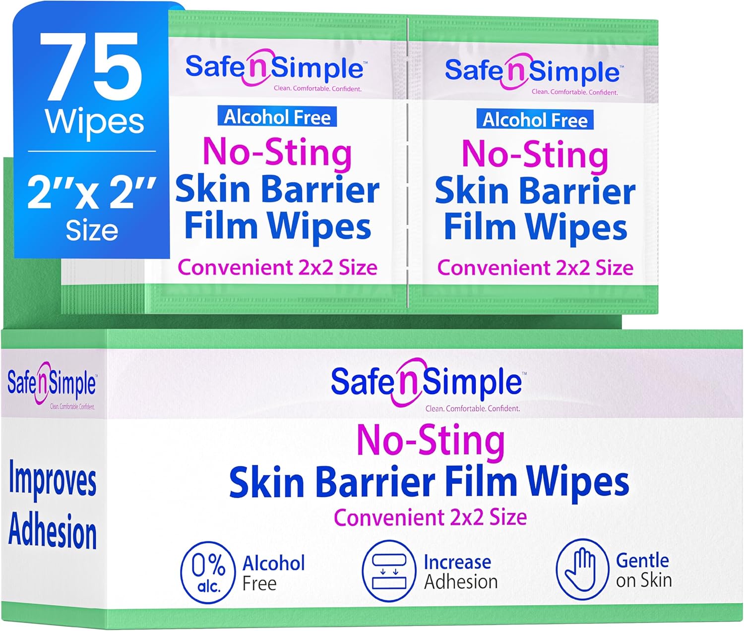 Safe n' Simple No Sting Skin Prep Wipes - 75 Individual 2" x 2" Ostomy Barrier Film Wipes - Skin