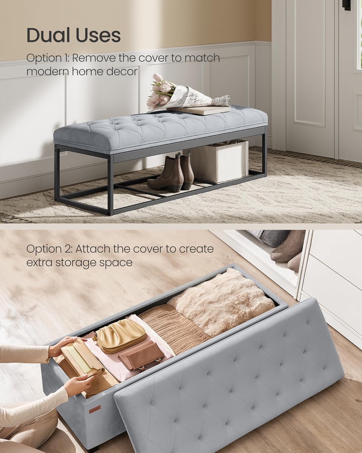 SONGMICS Velvet Storage Ottoman Bench, Foot Rest with Legs, 15.7 x 43 x 15.7 Inches, End of Bed