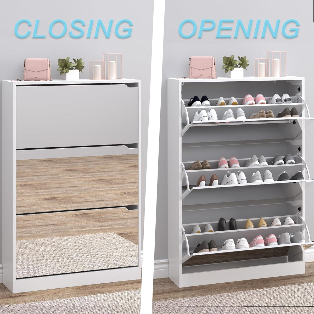 Shoe Cabinet with 3-Flip Mirror Drawers, Freestanding Shoe Rack Organizer with Hidden Handle, Slim