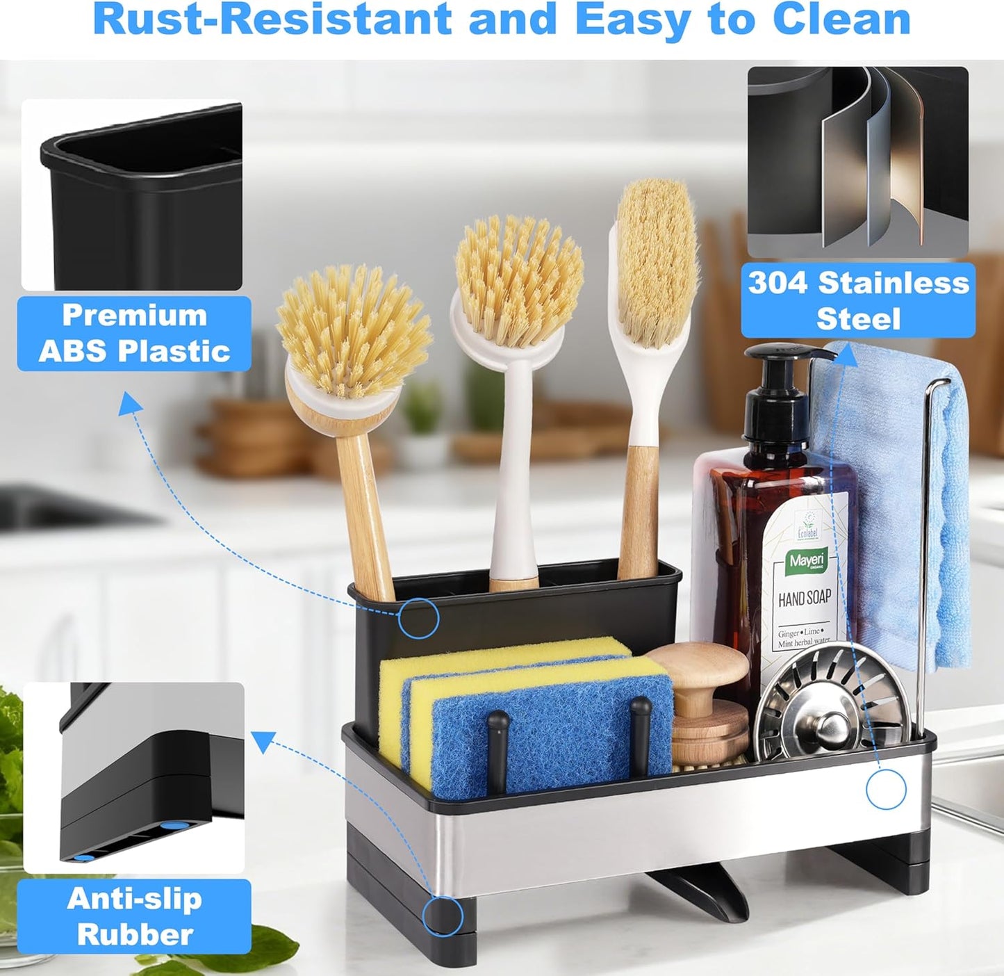 Stainless Steel Sponge Holder for Kitchen Sink Caddy Organizer Rack for Dish Brush Holder, Soap