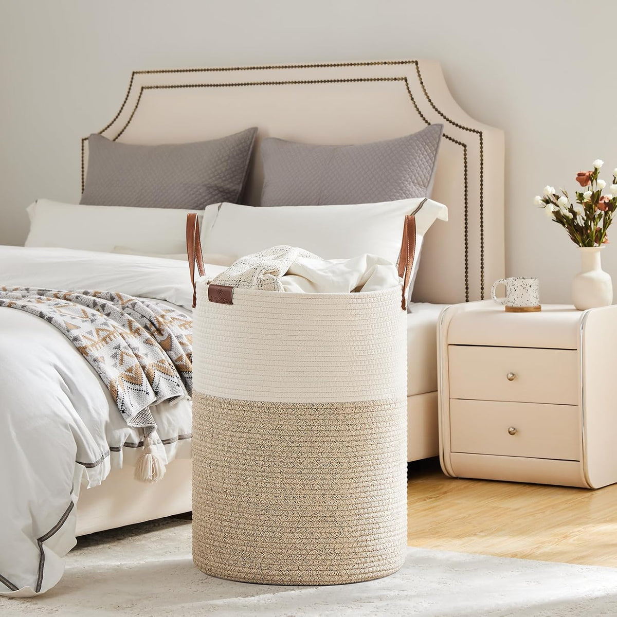 VIPOSCO Tall Laundry Basket, Large Dirty Clothes Hamper with Leather Handle, Woven Rope Storage