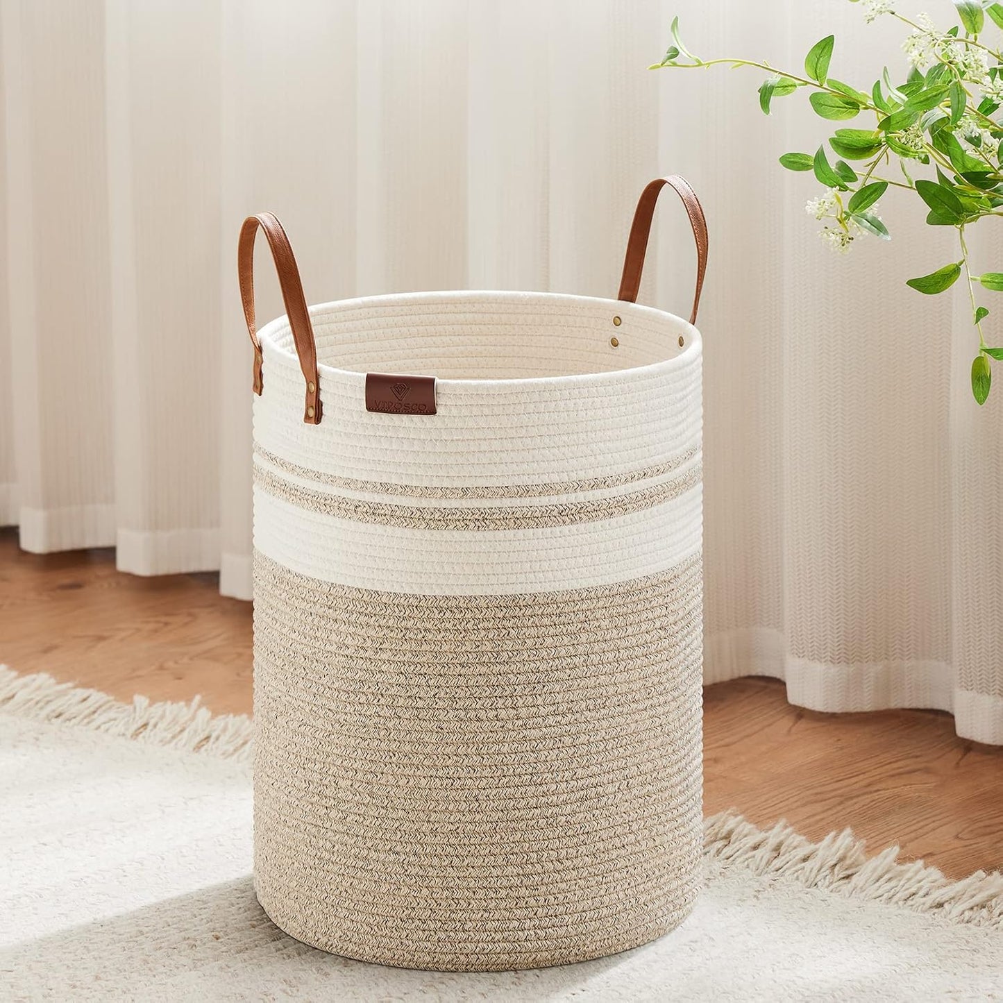 VIPOSCO Small Laundry Basket, Slim Baby Hamper with Leather Handle, Cute Woven Rope Storage Basket
