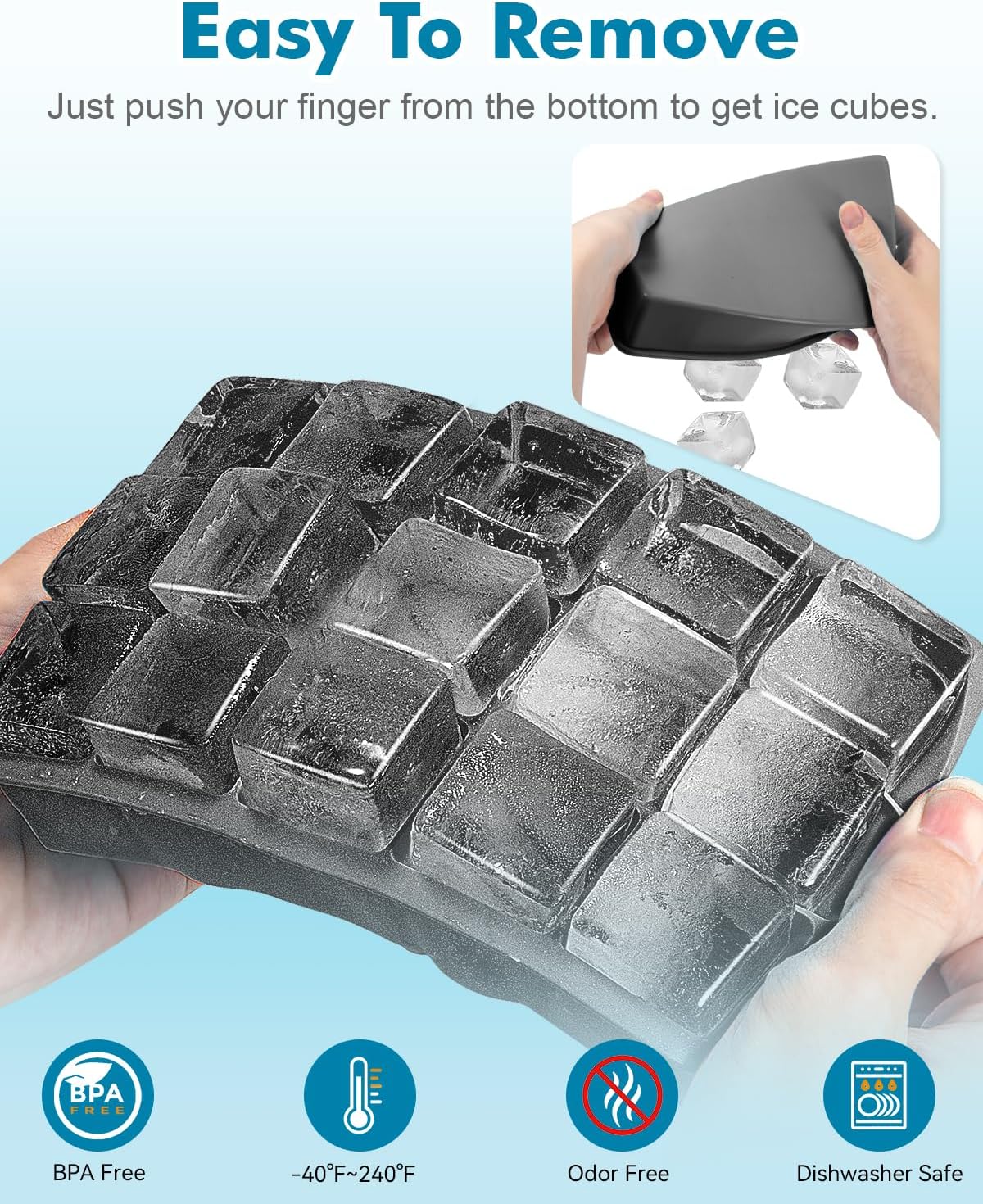 Silicone Ice Cube Trays for Freezer 2 Pack, Easy Release Square Ice Cubes Mold, Best Rubber Ice