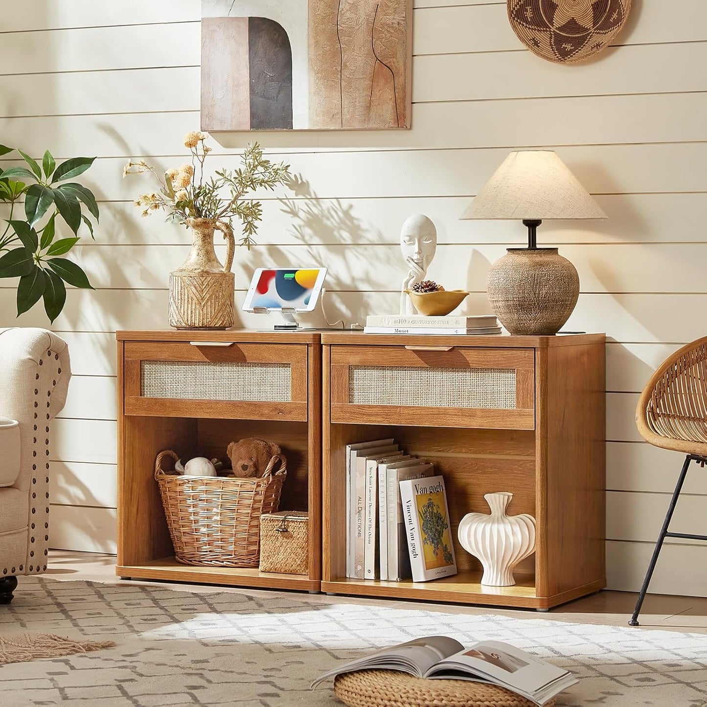 LEYAOYAO Rattan Nightstand with Charging Station, 23" Wide Boho Night Stand with Drawer, Natural