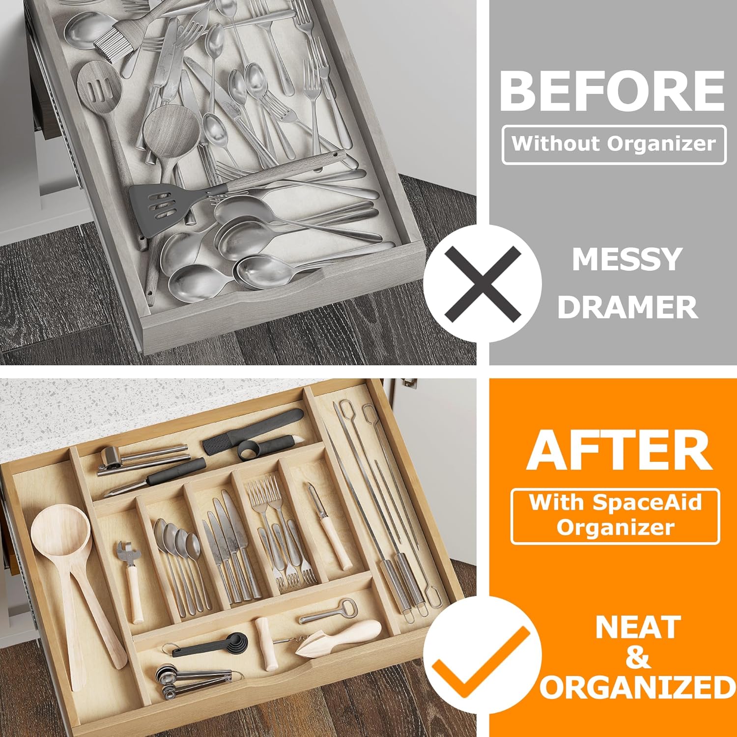 WelFurGeer Premium Wooden Silverware Organizer for Kitchen Drawers, Utensil Tray for Kitchen