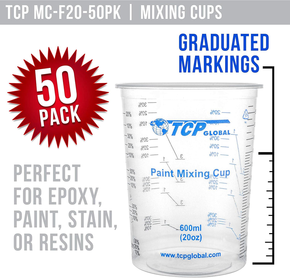 TCP Global 20 oz. (600ml) Graduated Plastic Mixing Cups - Box of 50 with 50 Mixing Sticks