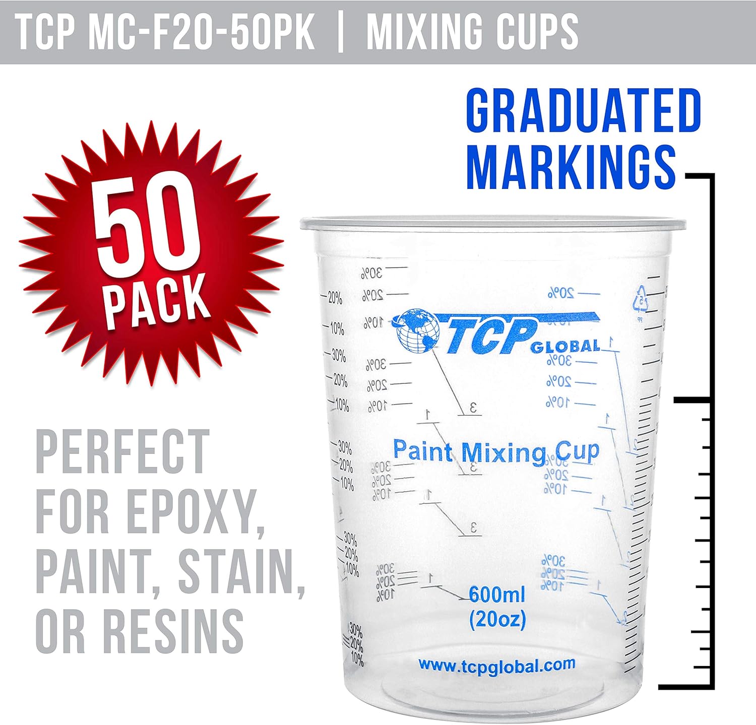 TCP Global 20 oz. (600ml) Graduated Plastic Mixing Cups - Box of 50 with 50 Mixing Sticks