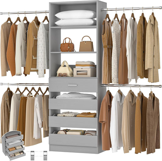 Aheaplus Closet System, 4-9Ft Closet Organizer with 4 Wooden Drawers, Wood Closet Organizer System