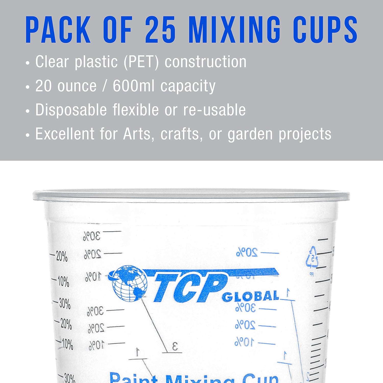 TCP Global 20 oz. (600ml) Graduated Plastic Mixing Cups - Box of 25 with 25 Mixing Sticks