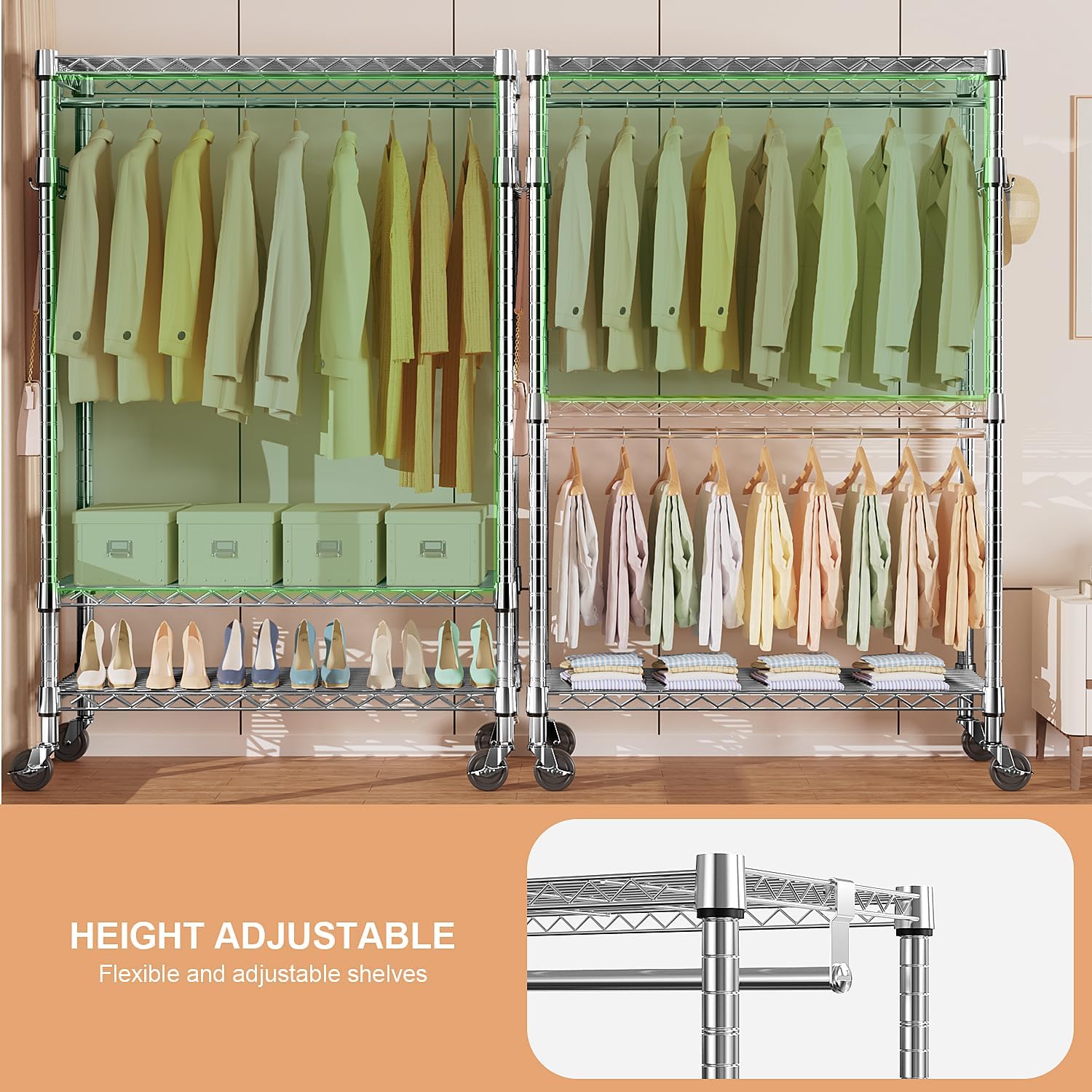 Heavy Duty Rolling Garment Rack 3 Tiers Adjustable Wire Shelving Clothes Rack with 2 Rods and Side