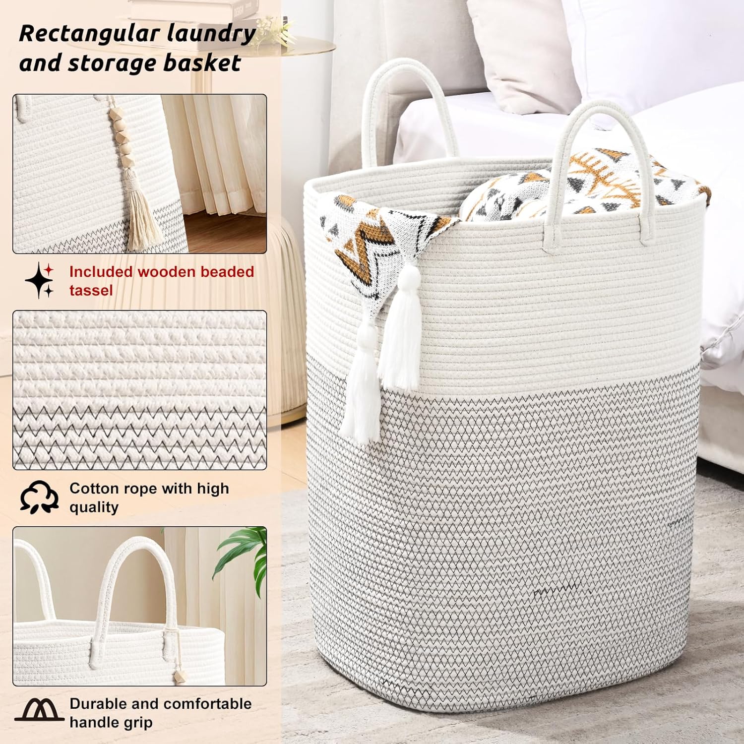 Woven Laundry Basket for Clothes, 100 L Large Rectangle Laundry Hampers with Beads Tassel, Nursery