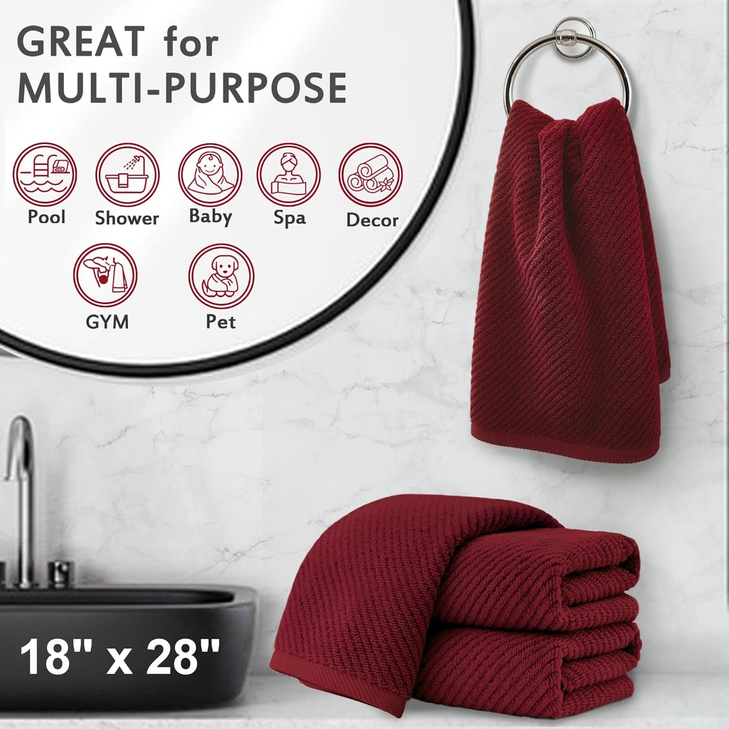 VOOVA & MOVAS Hand Towels for Bathroom Set of 4, Large 18" x 28" - 100% Cotton | Lightweight |