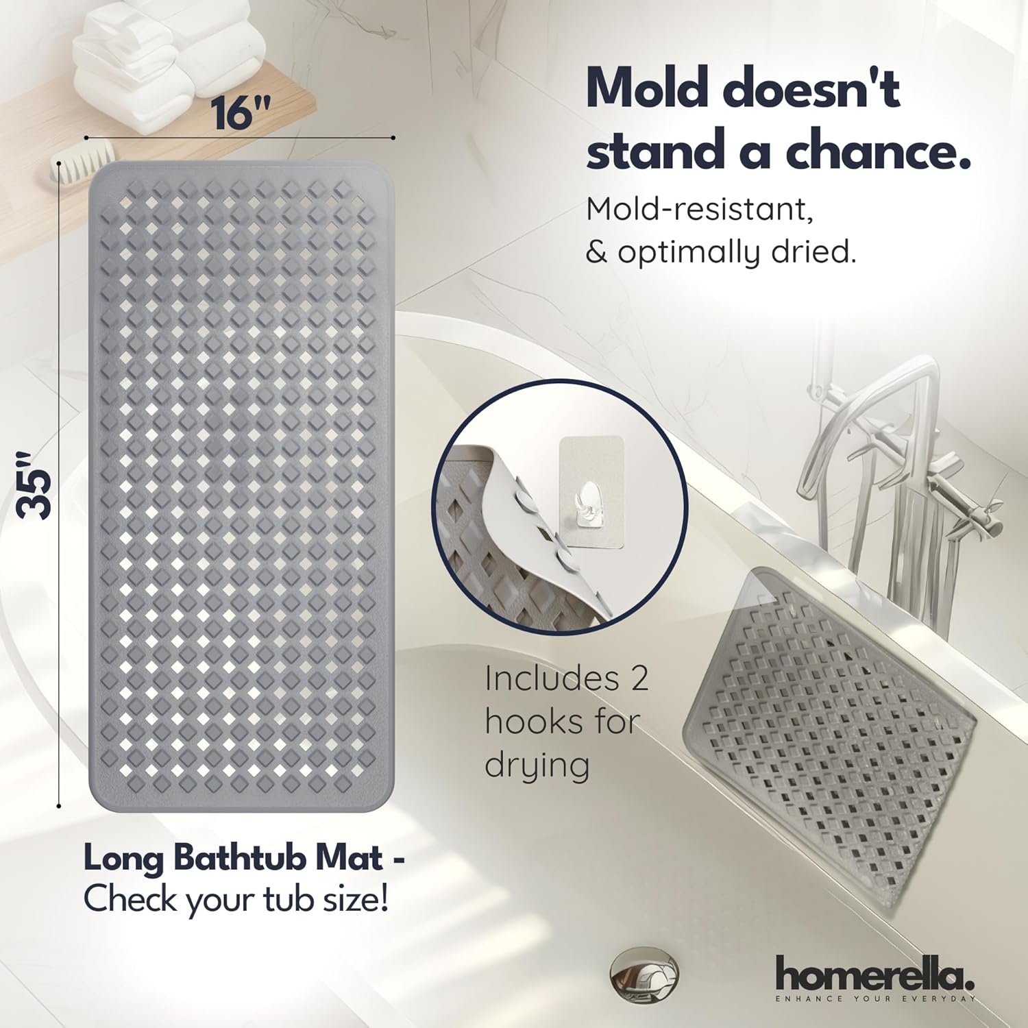 homerella® Bathtub Mat Non Slip 35x16, Incl. Hooks for Drying, Extra Long, 100% BPA Free, Shower