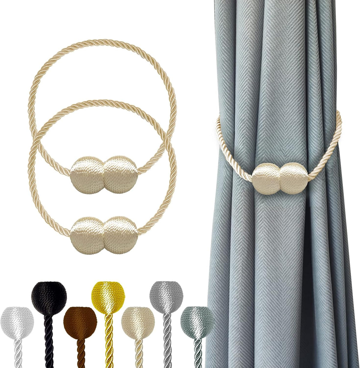 Hion Magnetic Curtain Tiebacks Beige 2pcs, Curtain Tiebacks Buckles Holdbacks Holders Hooks Clip