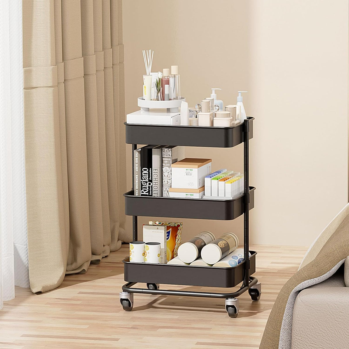 3 Tier Modern Metal Rolling Tool Cart with Silent Casters, 15.35x11.81x23.74 inch Heavy Duty