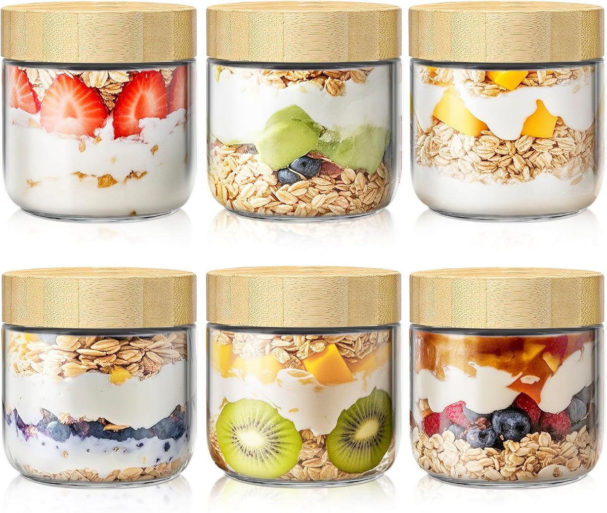 6 Pack 10oz Overnight Oats Containers with Bamboo Lids, Glass Jars with Airtight Lids for Meal