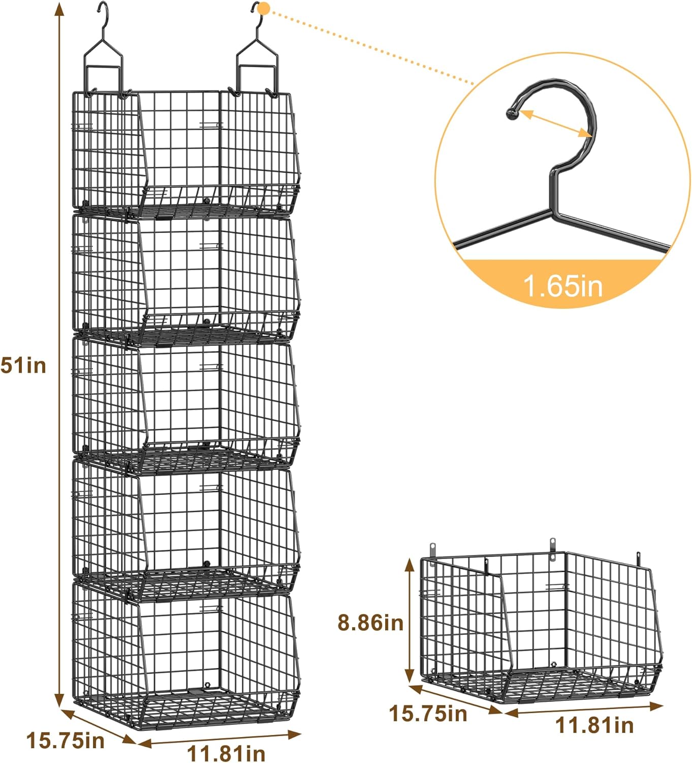 Deeper 4'' Design 5 Tier Foldable Hanging Closet Organizer and Storage，Wire Cabinet Shelves and