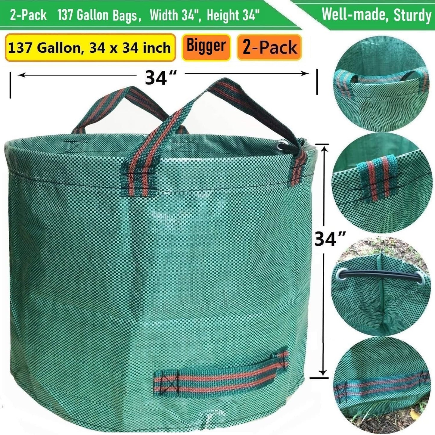 Professional 2-Pack 137 Gallon Lawn Garden Bags Large (D34,H34 inch) Yard Waste Bags w/Gardening