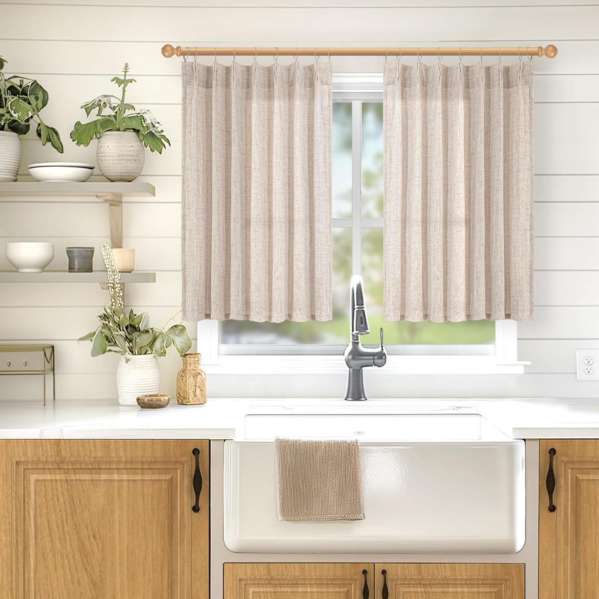 YoungsTex Short Natural Linen Curtains 45 Inch Length 2 Panels Pinch Pleated Light Filtering