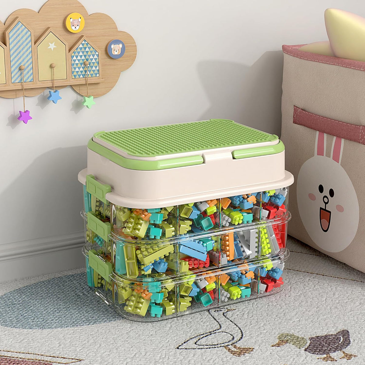 Toy Storage Organizer Box with Handle, Stackable Building Block Toy Box with Building Plate Lid &