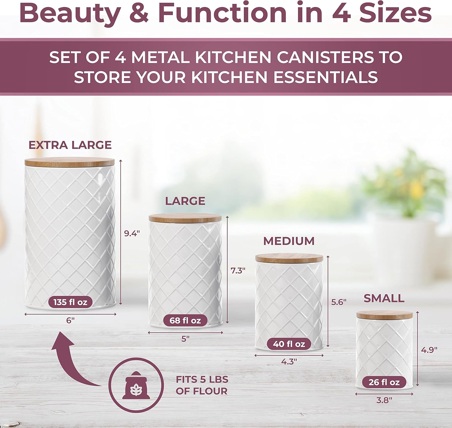 Pebble & Stem® White Metal Canister Set for the Kitchen Counter, Food Canister Set of 4, Airtight