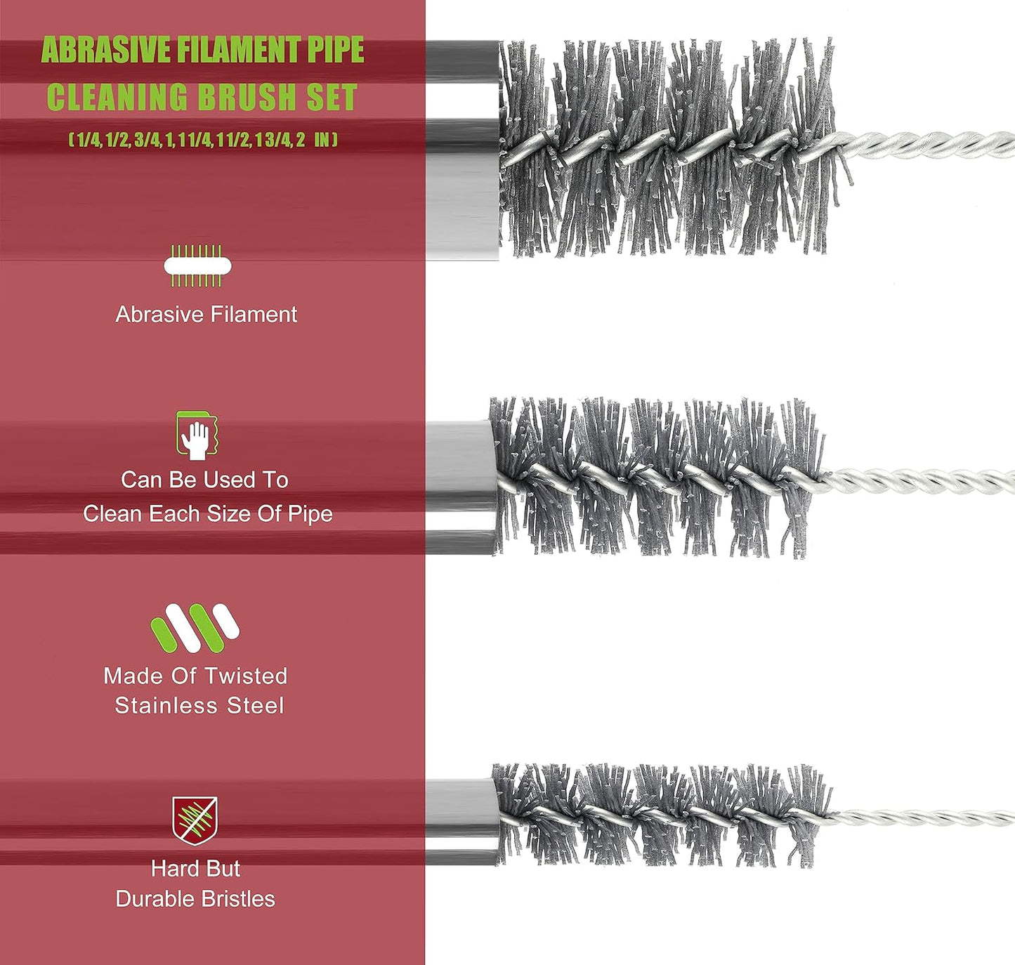 16 Inch Extra Long Pipe Cleaning Brush Set Abrasive Filament, 8 Piece Variety Pack for Removal of