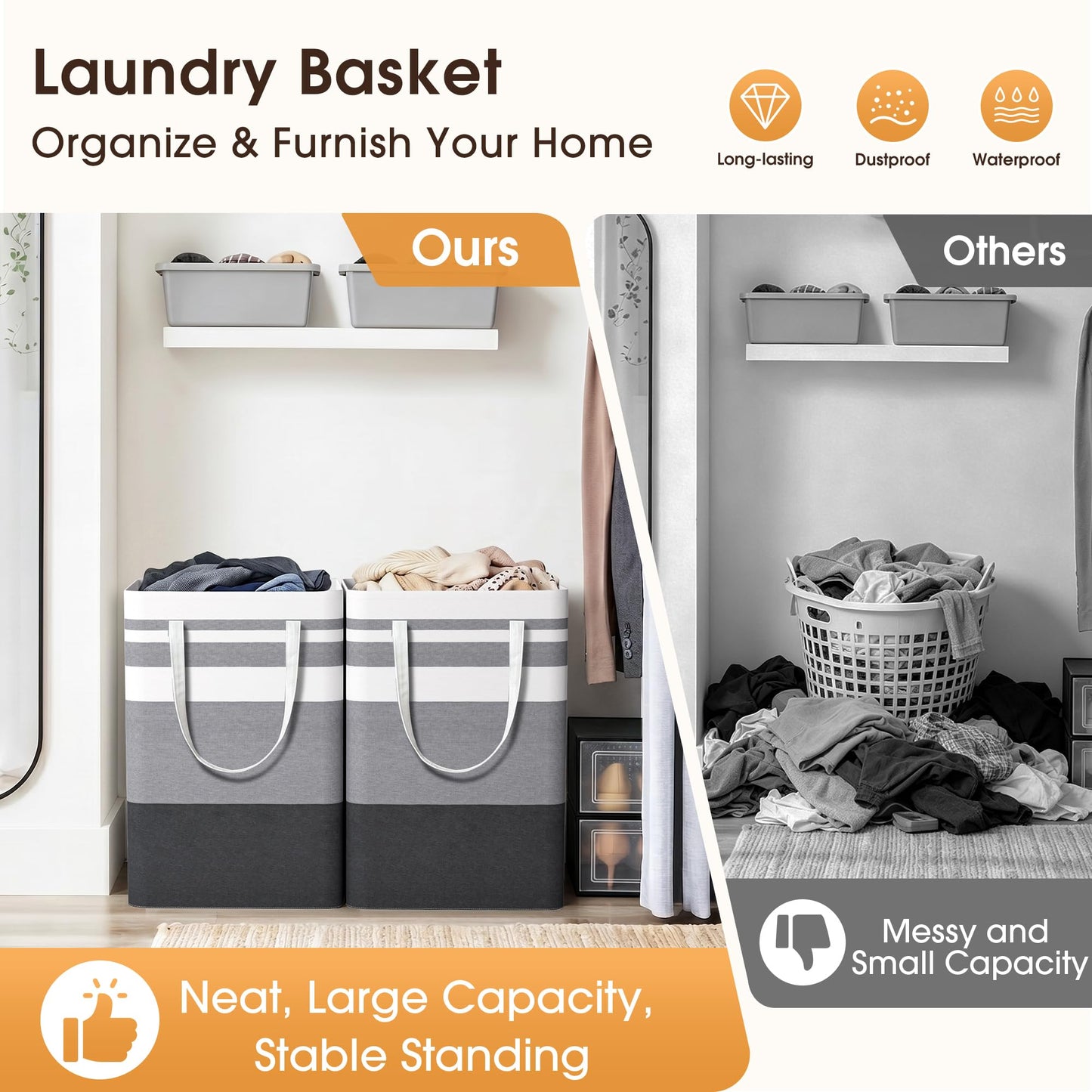 HomeHacks 2 Pack Large Laundry Baskets, Laundry Hampers Bags (Grey 75Lx2)