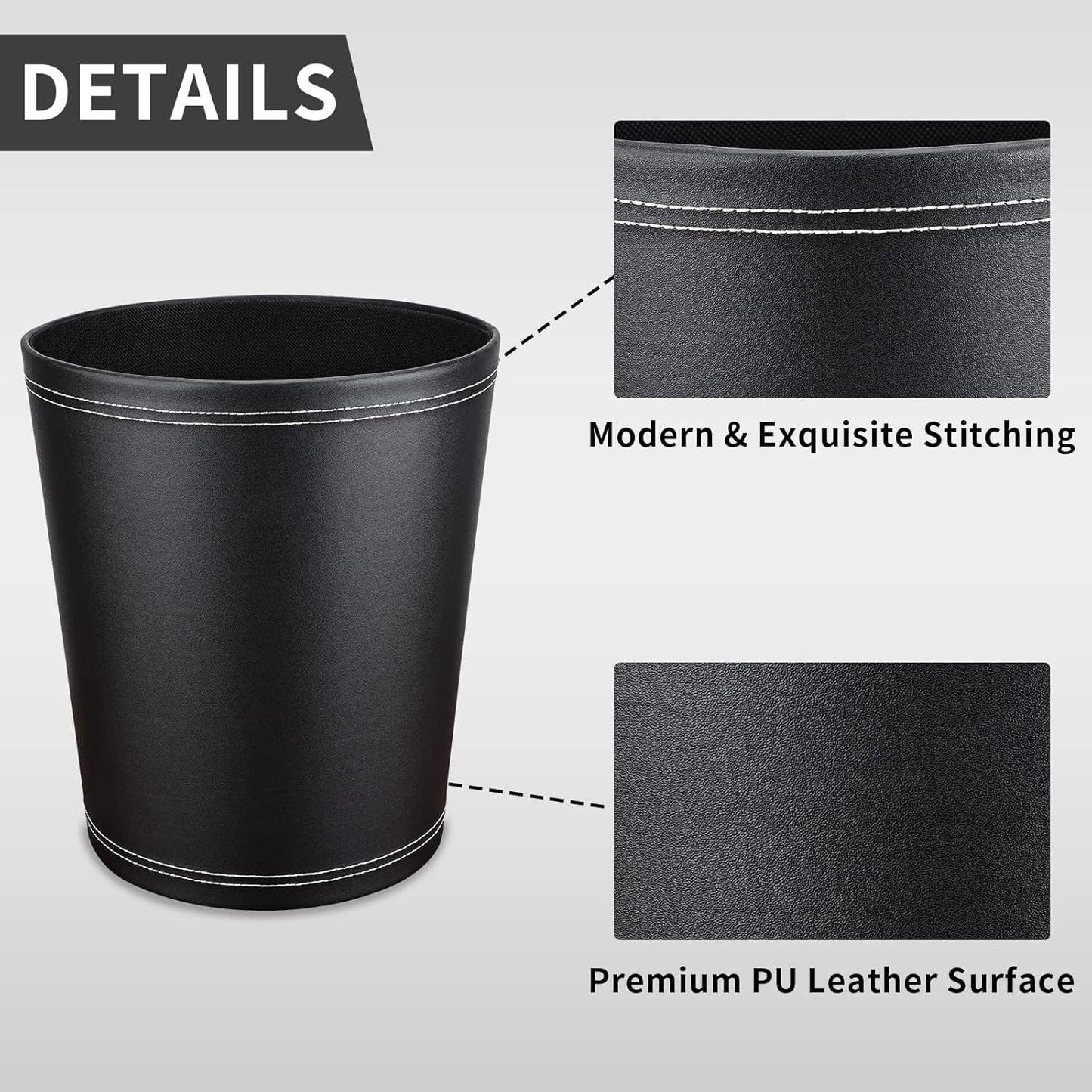 Pu Leather Trash Can, 2.6 Gallon Black Bathroom Trash Can, Small Office Garbage Can Wastebasket for