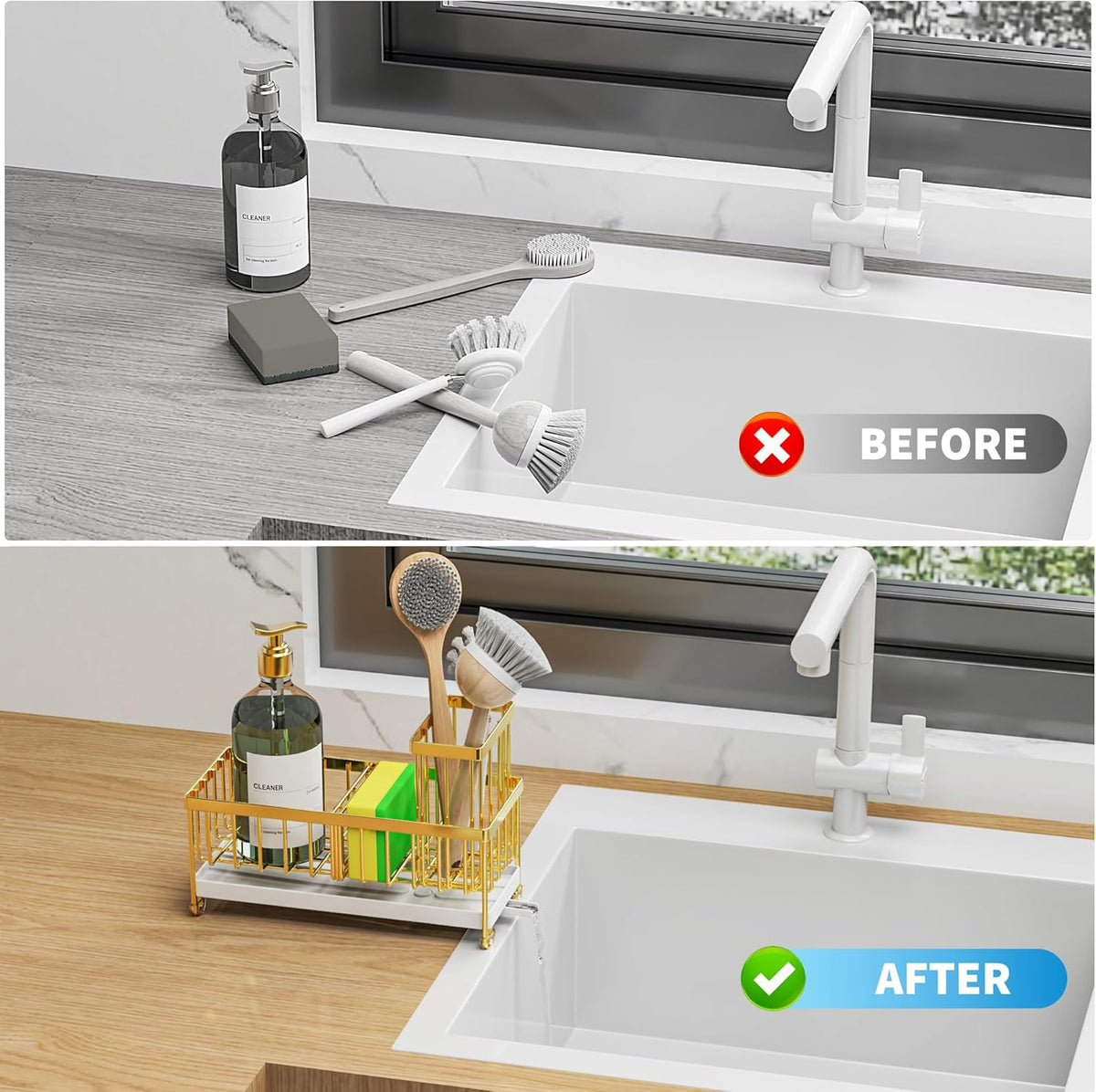 Cisily Gold Sponge Holder for Kitchen Sink, Sink Caddy Organizer with High Brush Holder, Kitchen