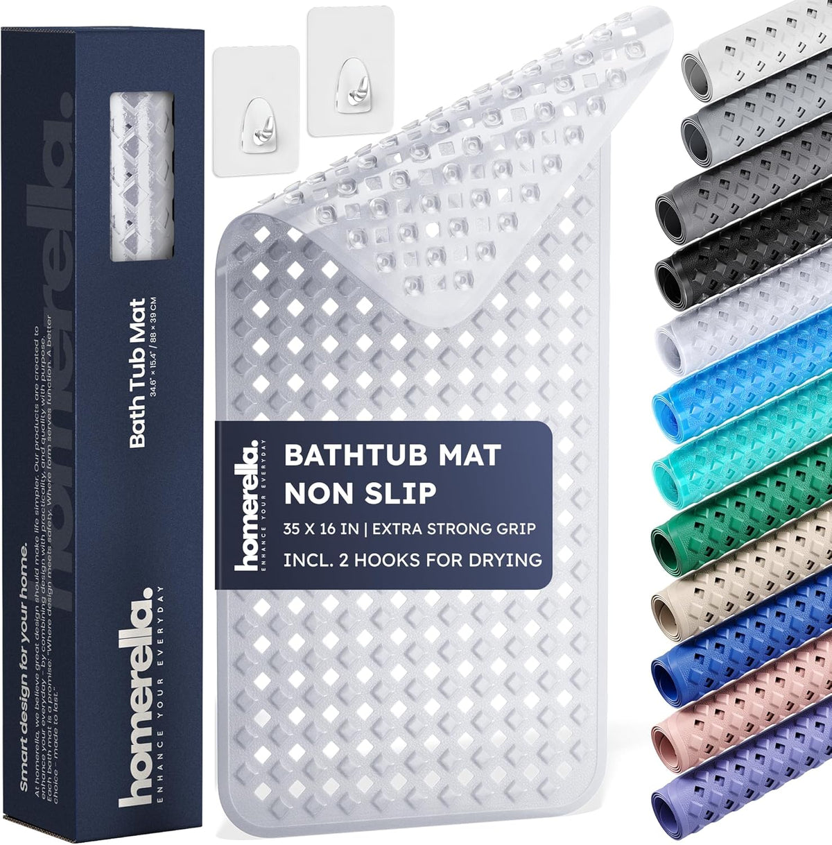 homerella® Bathtub Mat Non Slip 35x16, Incl. Hooks for Drying, Extra Long, 100% BPA Free, Shower