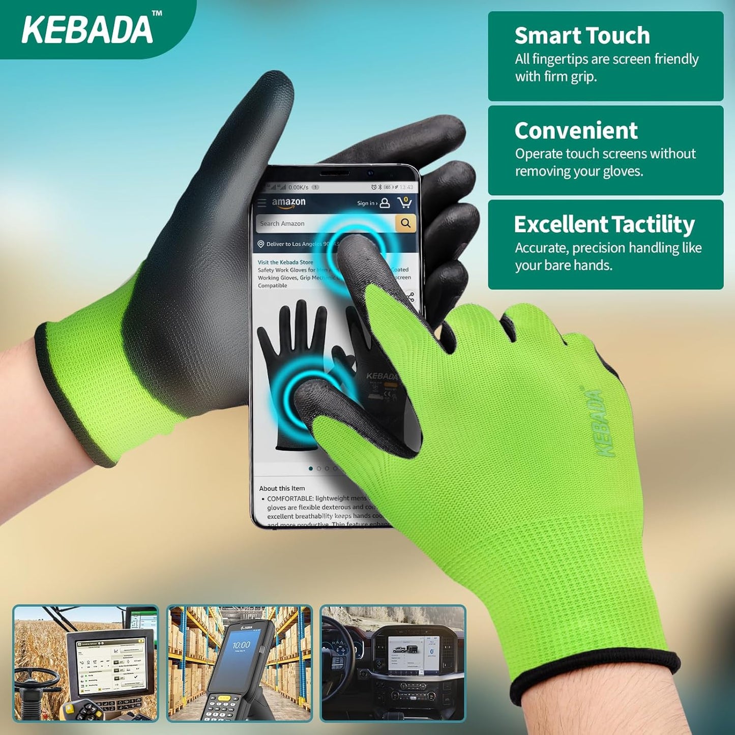 Kebada W1 Work Gloves for Men and Women, PU Coated Safety Gloves with Grip, Touchscreen, Ideal for