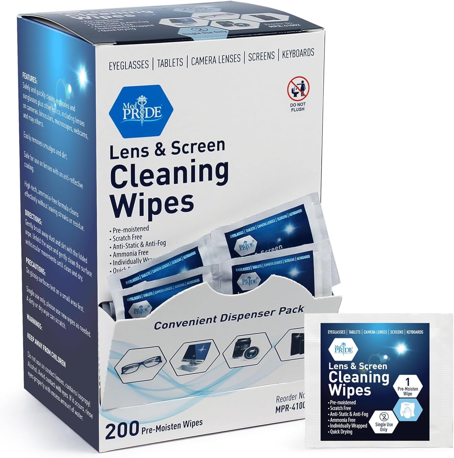 MED PRIDE Anti-Fog Lens and Screen Cleaning Wipes for Eyeglasses, Touch Screens, Premoistened