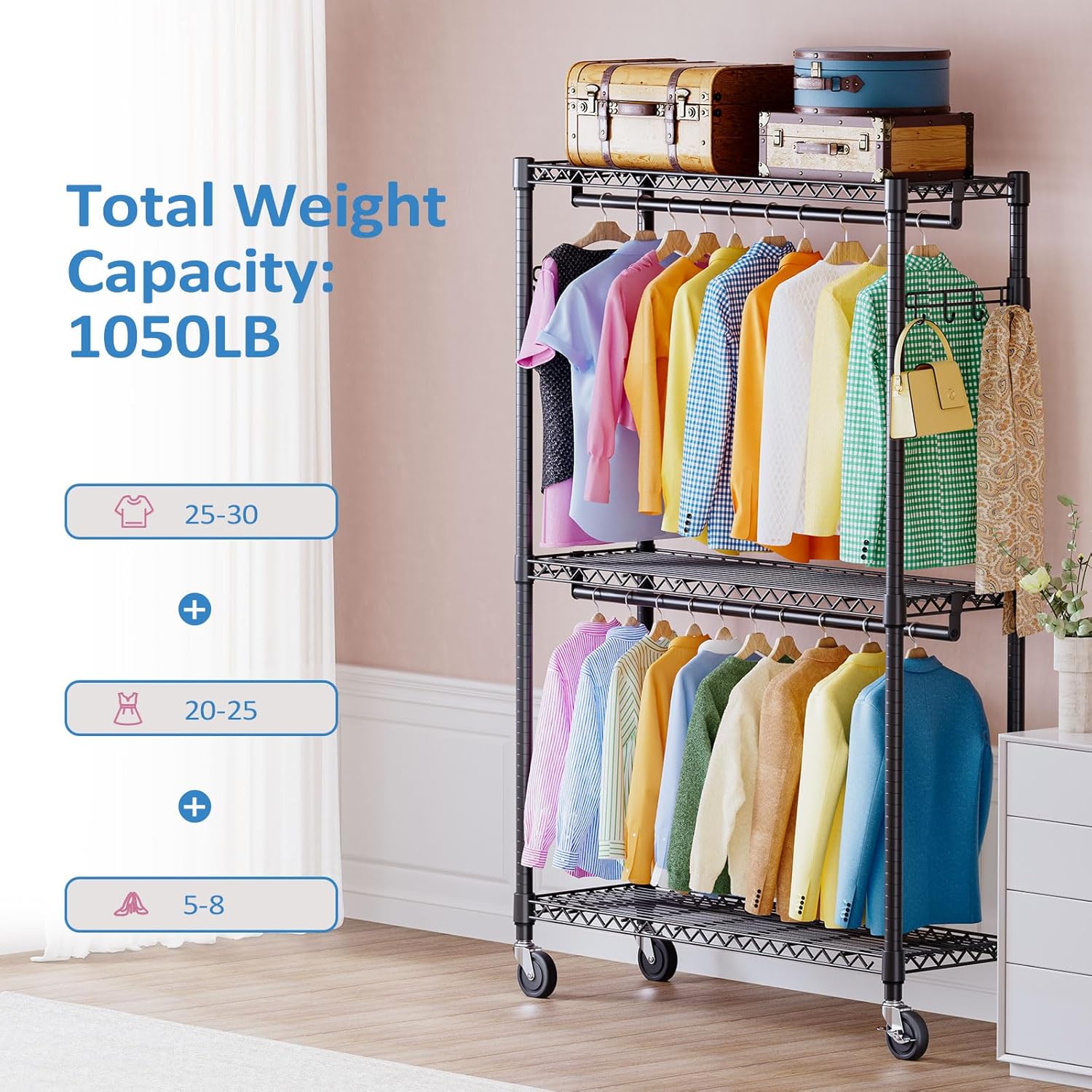 IZEUK 3 Tier Heavy Duty Rolling Garment Rack Wire Clothes Rack for Hanging Clothes, Metal