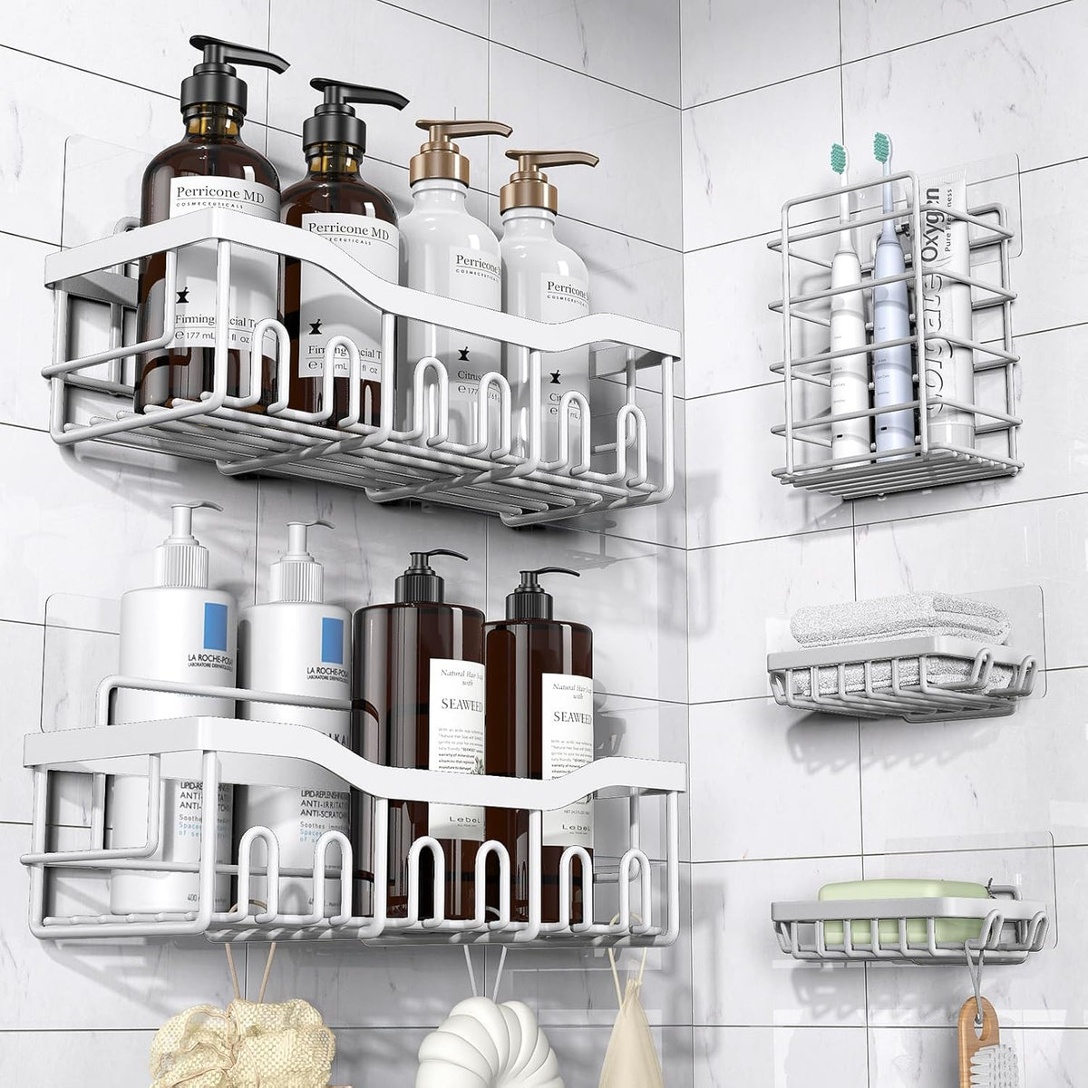 EUDELE 5-Pack Rustproof Stainless Steel Shower Caddy – No Drill Adhesive Bathroom Organizer with