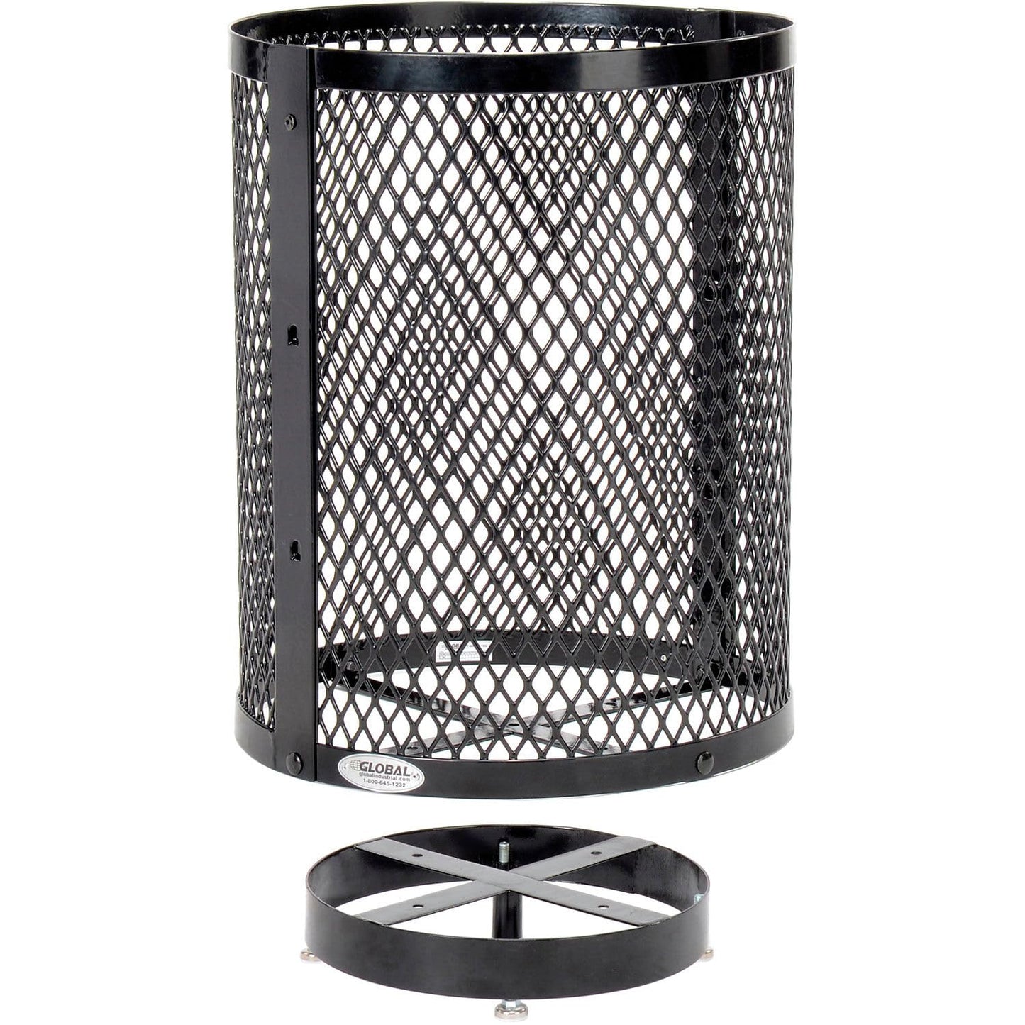 Global Industrial Outdoor Diamond Steel Trash Can with Rain Bonnet Lid, Raised Base and Plastic