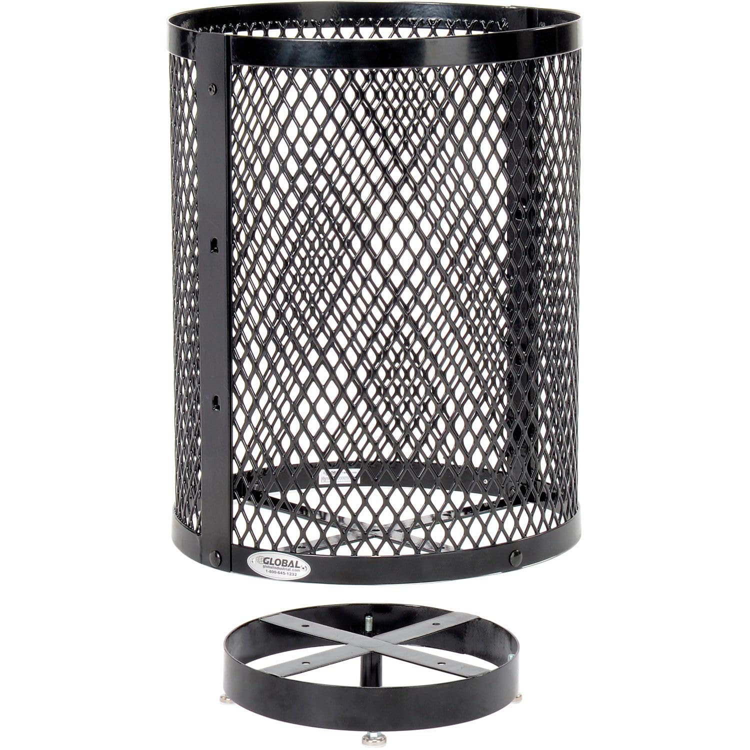 Global Industrial Outdoor Diamond Steel Trash Can with Rain Bonnet Lid, Raised Base and Plastic