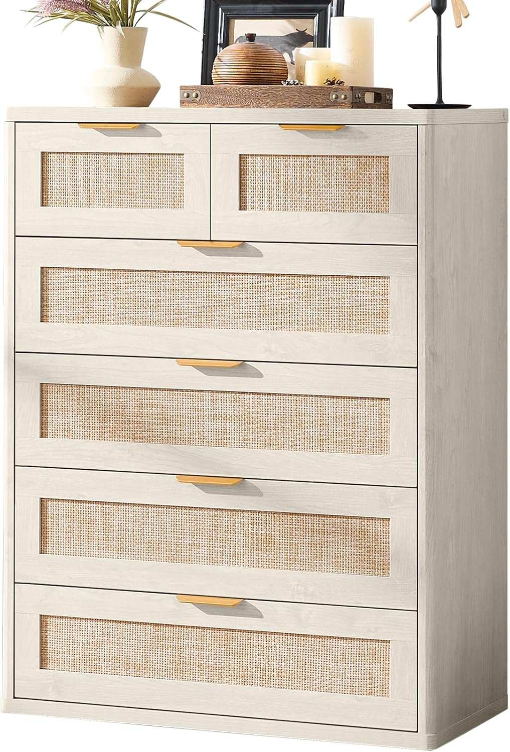 LEYAOYAO White Dresser for Bedroom, 42" Tall Chest of Drawers, Modern 6 Drawers Boho Rattan