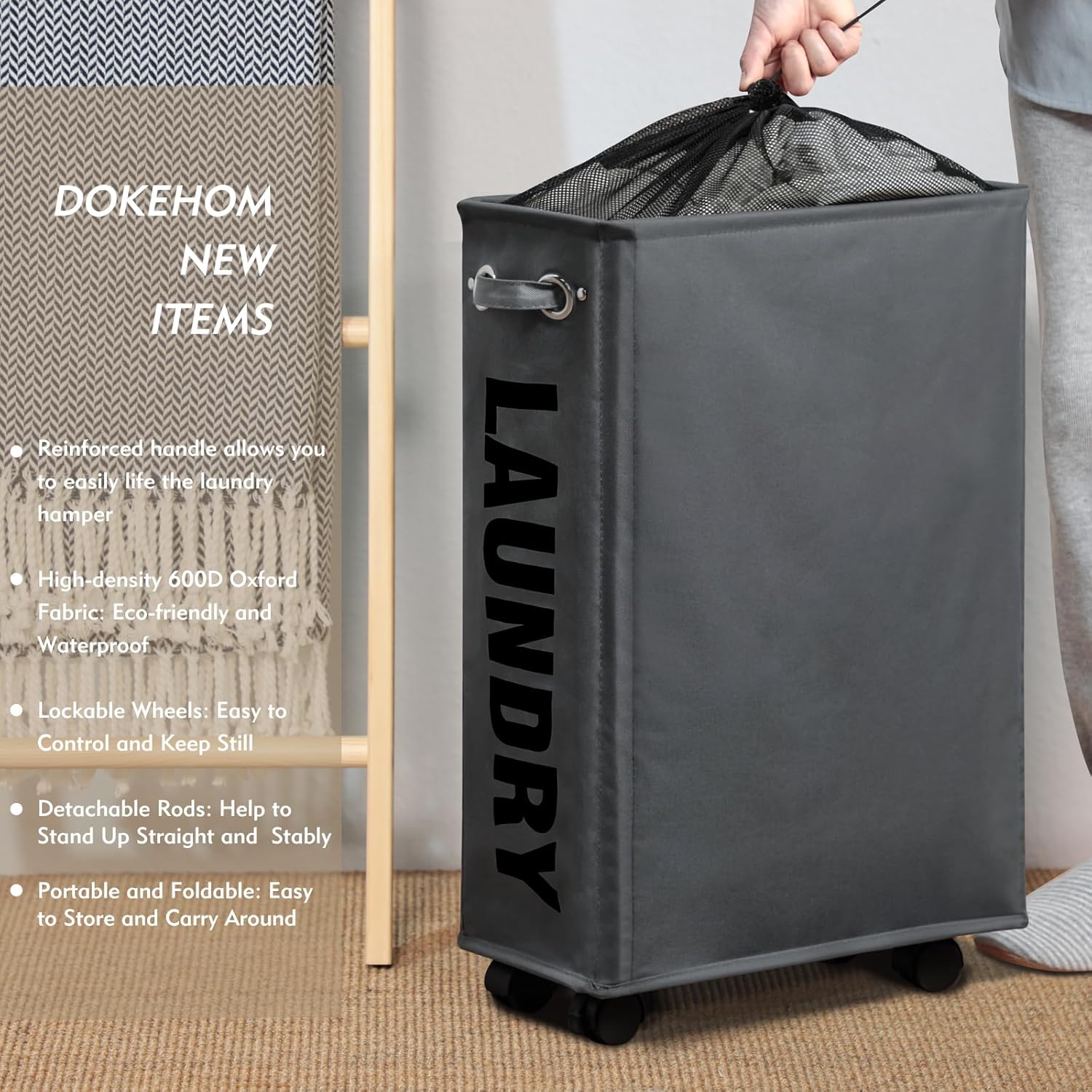 DOKEHOM 25-Inches Slim Laundry Basket on Wheels, Collapsible Rolling Laundry Hamper, Foldable