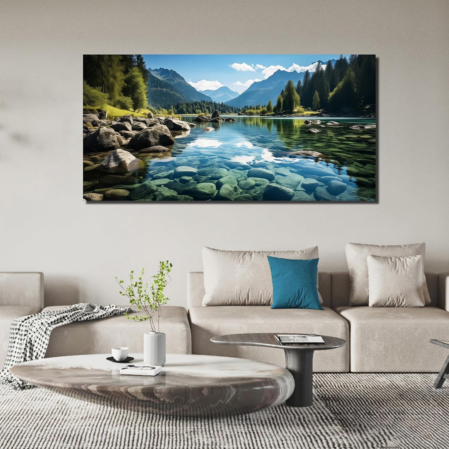 GUGIKA Landscape Wall Art for Living Room, Mountain and Lake Wall-Decor for Bedroom, Natural